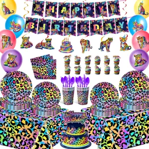 Neon Leopardenmuster Party Deko Set mit Banner Pappteller Bechern fur Geburtstagsfeier.