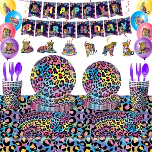 Buntes Neon Leopardenmuster Partygeschirr Set Geburtstag Banner Teller Tassen Tischdecke