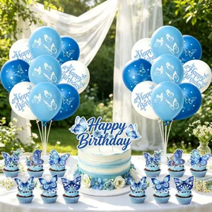 Blue butterfly theme birthday party decoration scene, cake topper and balloons set details.