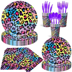 Regenbogen Leo Print Party Geschirr Set mit Pappteller Becher Servietten und Besteck.