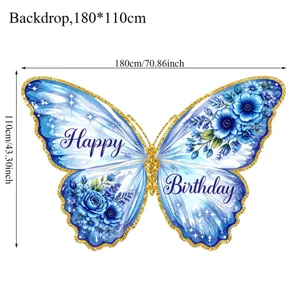 Blue butterfly birthday party backdrop decoration banner measuring 180x110cm for celebration.