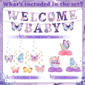 Σετ διακόσμησης πάρτι baby shower με θέμα ρομαντική μοβ πεταλούδα κρεμαστή γιρλάντα σπείρα