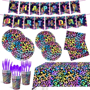 Vibrant Neon Leo Print Party Zubehoer Set Geburtstag Banner Teller Becher Tischtuch