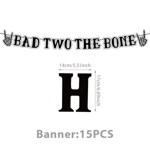 Halloween skeleton theme party banner detail showing letter dimensions and 15pcs set.