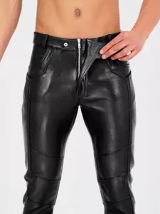 Men slim fit black leather pants punk style trousers cool zipper biker streetwear apparel