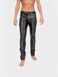 Men's slim fit black faux leather punk pants stylish trousers main view display product