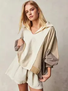 Dames Amerikaanse Retro Kleurblok Polarfleece Sweatshirt Oversized V-hals Revers Patchwork Lange Mouw Pullover Top