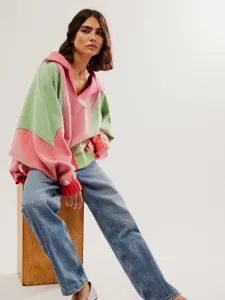 Dames colorblock oversized revers V-hals sweatshirt vintage herfst winter casual top