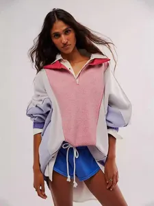 Retro colorblock oversized sweatshirt met kraag, casual V-hals pullover voor dames.