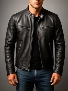 Blouson aviateur homme en similicuir noir col montant zippé pour printemps automne.