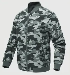 Blouson aviateur camouflage militaire décontracté pour homme avec poche zippée et bord.