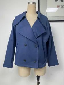 Women short double-breasted woolen blazer coat, lapel long sleeve casual jacket blue.