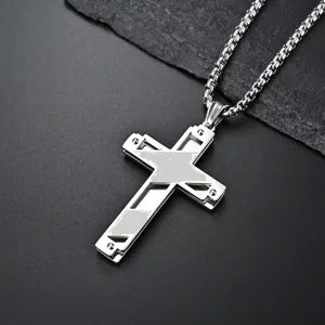 Vintage Titanium Steel Two Tone Cross Pendant Double Layer Hollow Cross Pendant Only Without Chain For Women Men Unisex
