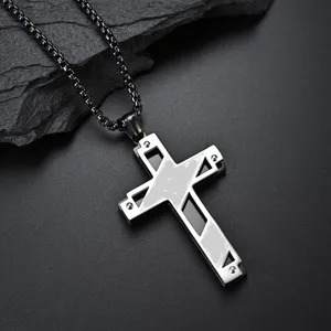 Titanium steel cross pendant detail, double layer hollow design, edgy streetwear style.