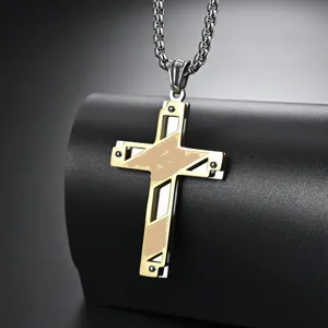Titanium steel two-tone cross necklace, stylish double layer hollow pendant jewelry.
