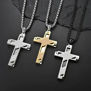 Titanium steel double layer hollow cross pendant necklace set, fashion punk style jewelry.
