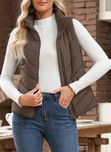Women casual stand collar puffer vest sleeveless zippered winter outerwear warm top detail view