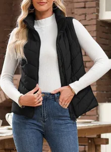 Women winter casual stand collar sleeveless zipper black puffer vest outerwear warm waistcoat.