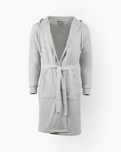 Grey hooded bathrobe for men and women, soft fleece lounge robe with belt and pockets.