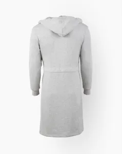 Grey hooded bathrobe back detail, soft long sleeve sleepwear loungewear garment view.
