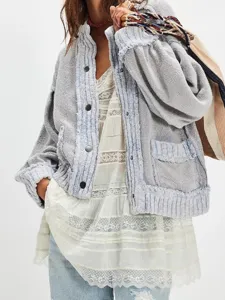 Vintage ribbed knit cardigan for women, distressed stand collar short sweater outer wear.