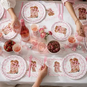 Rosa Schleife Western Cowboy Thema Einweg Pappteller Becher Servietten Party Set