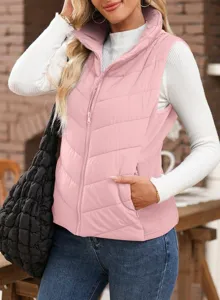 Detailed shot of a stylish women's winter stand collar zipper sleeveless padded vest top.
