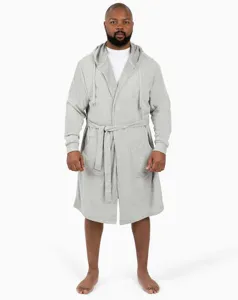 Detail shot of a soft grey hooded bathrobe with a matching belt and convenient pockets.