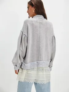 Women vintage grey rib knit cardigan distressed stand collar lace patchwork sweater top