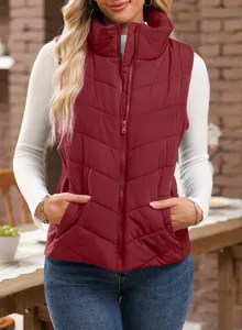 Detailed view of women's casual stand collar zip-up puffer vest in a stylish burgundy tone.