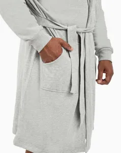 Detail view of cozy gray fleece bathrobe pocket and belt design for daily comfort relaxation.