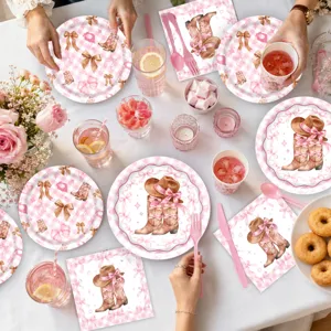Rosa Schleife Western Cowboy Thema Einweg Pappteller Becher Servietten Party Set