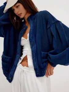 Vintage blue ribbed knit cardigan for women, stylish stand collar short sweater outerwear.
