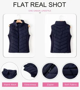 Detail view of the winter sleeveless padded vest, featuring stand collar, front zipper closure.