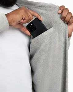 Grey thickened soft casual hooded bathrobe detail featuring a practical pocket design for daily wear.