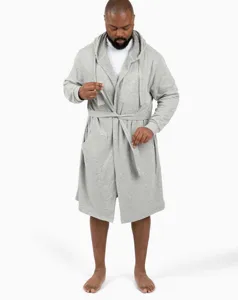 Grey hooded bathrobe detail showcasing comfortable loungewear design with tie belt and pockets.