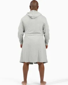 Back view detail of cozy grey hooded bathrobe, soft thickened fleece sleepwear long robe.
