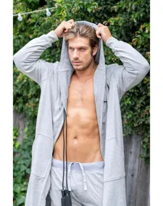 Grey long hooded casual robe and pants set, soft comfortable sleepwear for men and women.