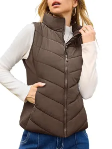 Women winter brown quilted puffer vest, casual stand collar sleeveless outerwear for daily wear.