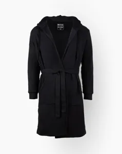 Comfortable black hooded bathrobe with belt and pockets, soft lounge sleepwear robe for men.