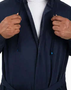 Dark blue plush hooded bathrobe detail, cozy loungewear sleepwear with drawstring.