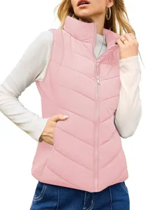 Women's Pink Stand Collar Puffer Vest Casual Warm Sleeveless Zipper Winter Outerwear