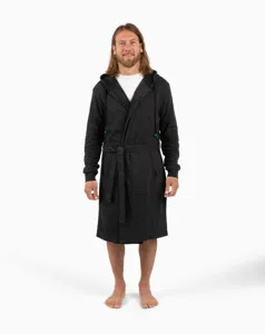Thickened soft solid color hooded bathrobe detail view, comfortable long sleepwear.
