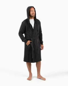 Detailed view of the dark grey hooded bathrobe with belt, long sleeves, and comfortable fit.