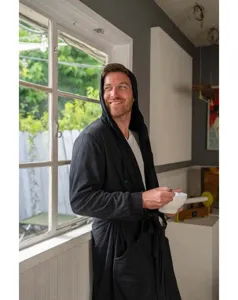 Comfortable men hooded bathrobe for home and sleepwear, soft solid color long robe style.