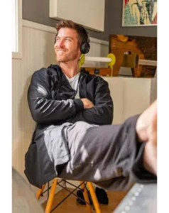 Comfortable black hooded bathrobe lifestyle detail view for relaxed daily home wear.