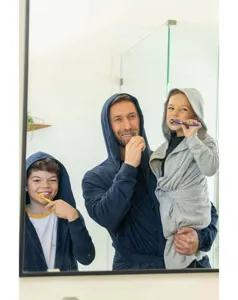 Cozy hooded solid color family bathrobe, soft thick lounge sleepwear for men, women and kids.