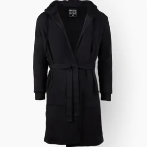 Black hooded bathrobe for men and women, cozy fleece sleepwear with belt and pockets long robe.