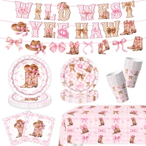 Rosa Cowgirl Motto Partygeschirr Set mit Papptellern, Bechern, Servietten, Banner