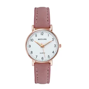 Elegant women's quartz watch with pink leather strap and rose gold bezel for daily wear.